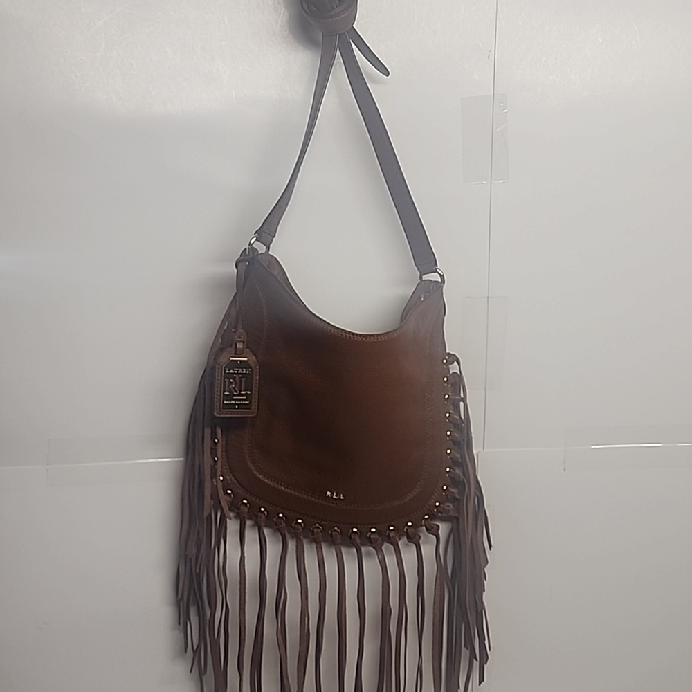 Lauren Ralph Lauren Leather Brown Fringe Crossbody Hobo Saddle Shoulder Bag - Picture 5 of 12